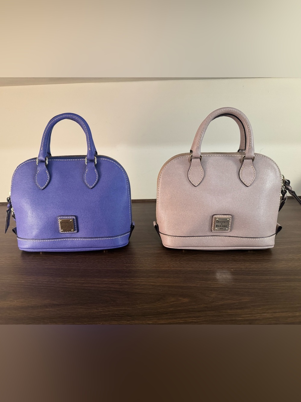 Dooney & Bourke Bitsy Bag Set of 2 Purple & Taupe Genuine Leather Mini Satchels